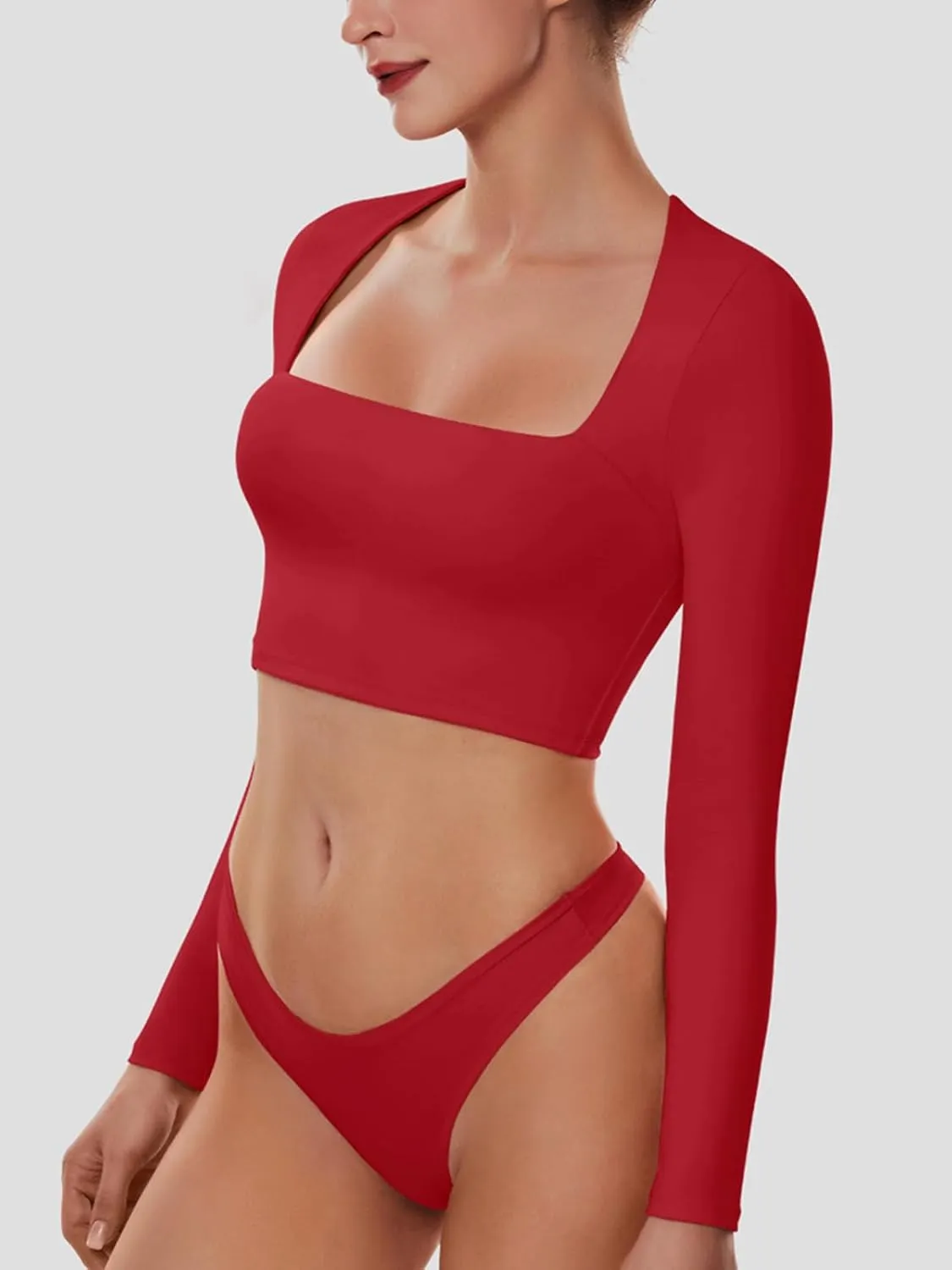 Cyanstyle Women's Sexy Square Neck Crop Tops Double Lined Long Sleeve Y2K Going Out T Shirts