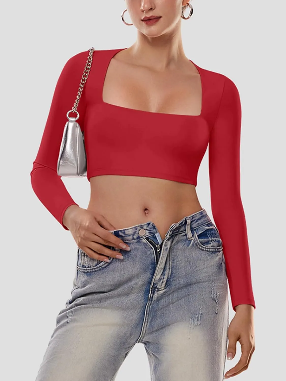 Cyanstyle Women's Sexy Square Neck Crop Tops Double Lined Long Sleeve Y2K Going Out T Shirts