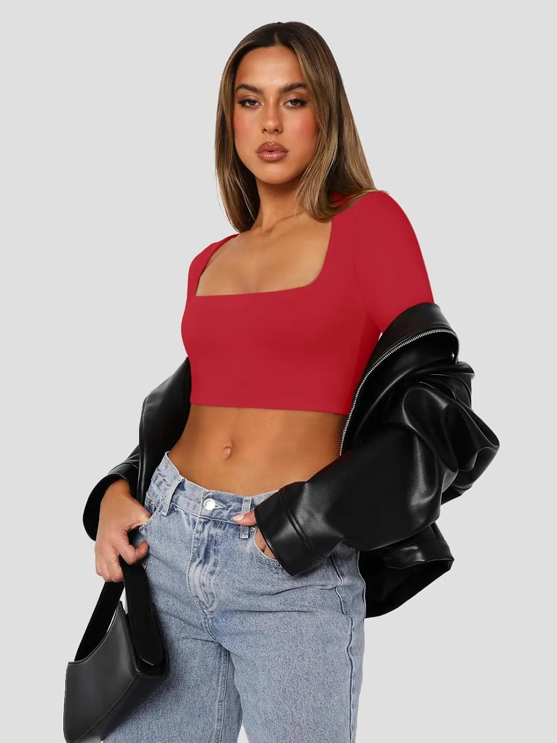 Cyanstyle Women's Sexy Square Neck Crop Tops Double Lined Long Sleeve Y2K Going Out T Shirts