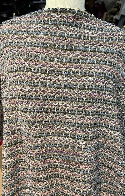 Designer Knitted Wool Blend Boucle - Blue / Black / Off White