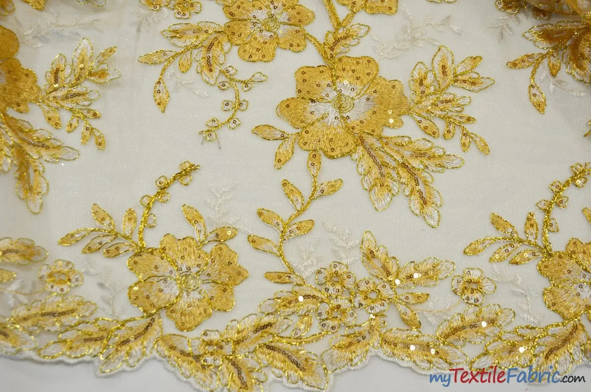 Edith Embroidery Fabric | Bridal Lace Design with Sequins | 52" Wide | Multiple Colors |