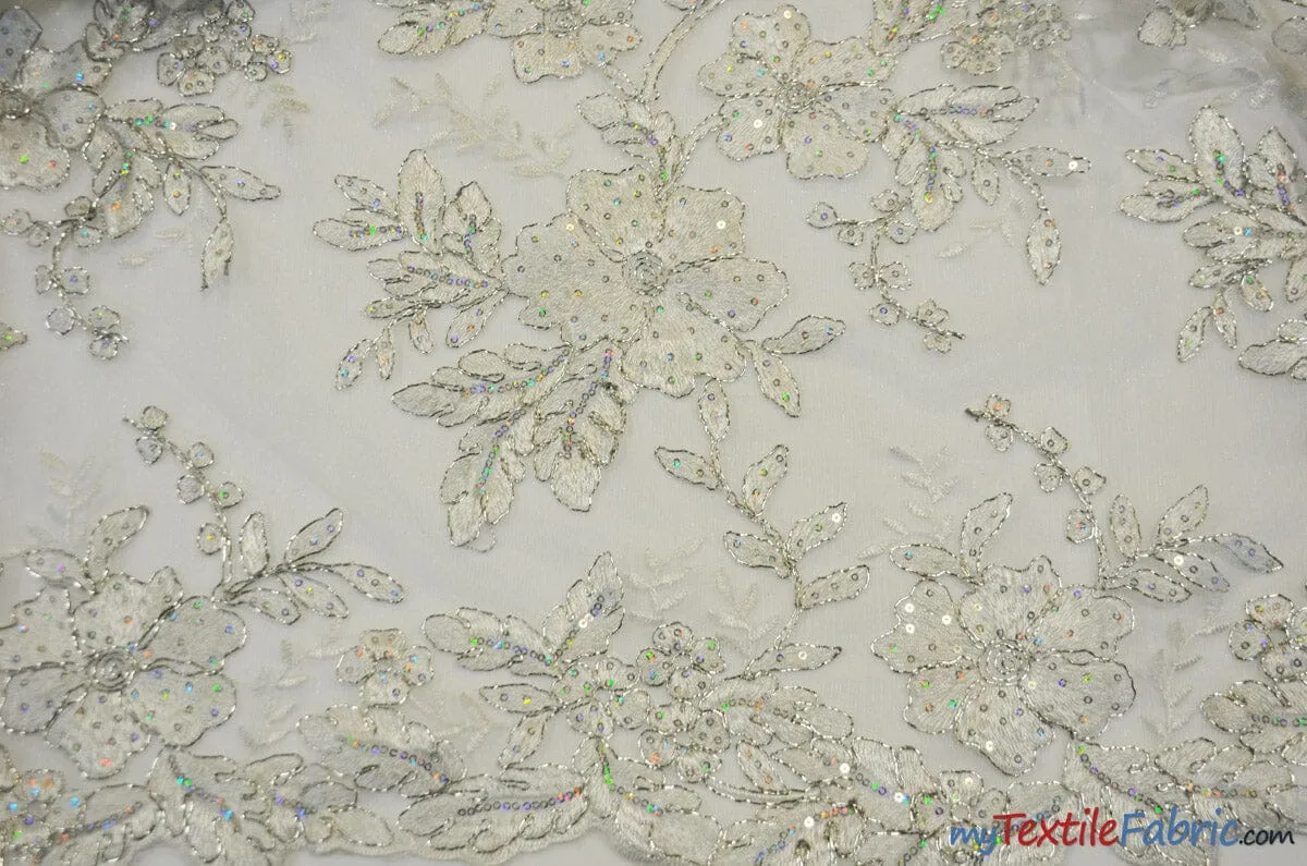 Edith Embroidery Fabric | Bridal Lace Design with Sequins | 52" Wide | Multiple Colors |