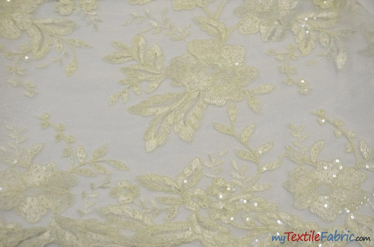 Edith Embroidery Fabric | Bridal Lace Design with Sequins | 52" Wide | Multiple Colors |