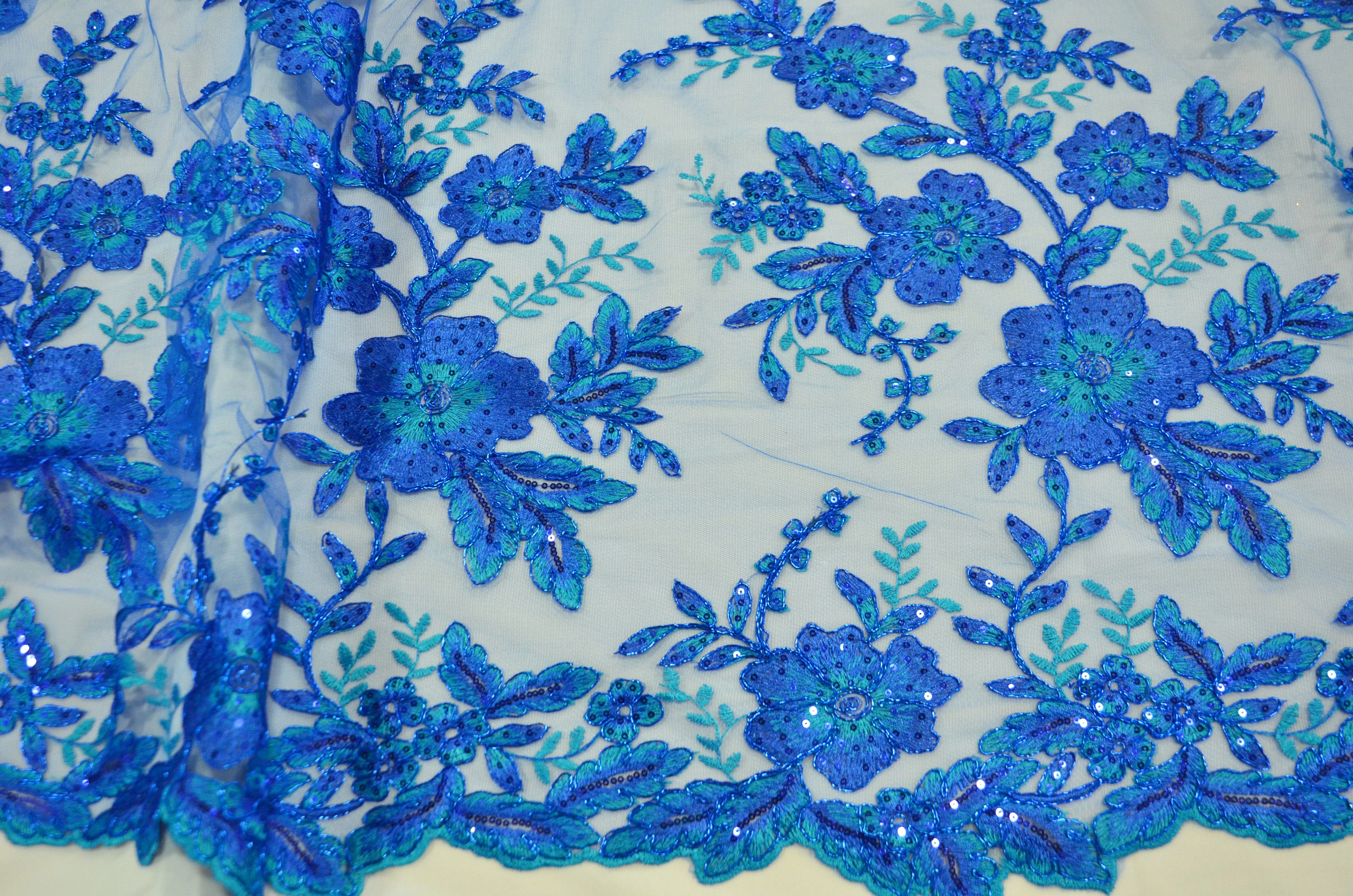 Edith Embroidery Fabric | Bridal Lace Design with Sequins | 52" Wide | Multiple Colors |