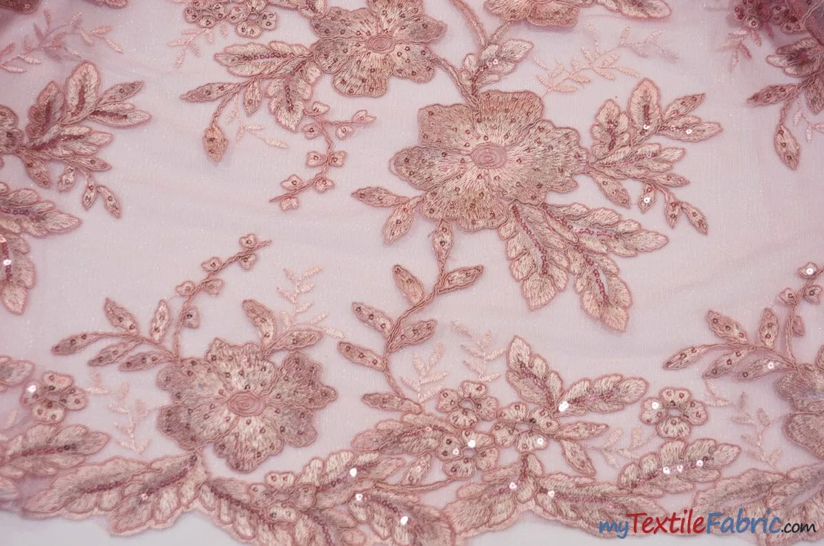 Edith Embroidery Fabric | Bridal Lace Design with Sequins | 52" Wide | Multiple Colors |