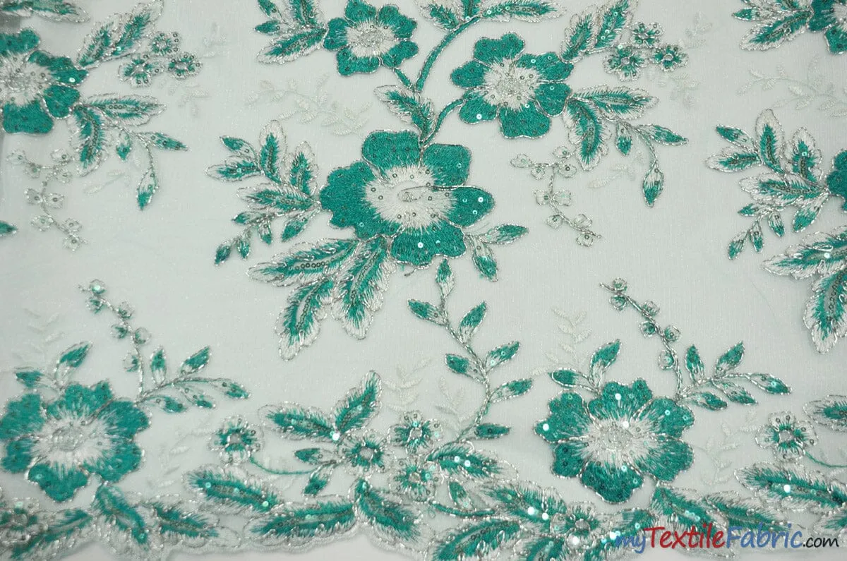 Edith Embroidery Fabric | Bridal Lace Design with Sequins | 52" Wide | Multiple Colors |
