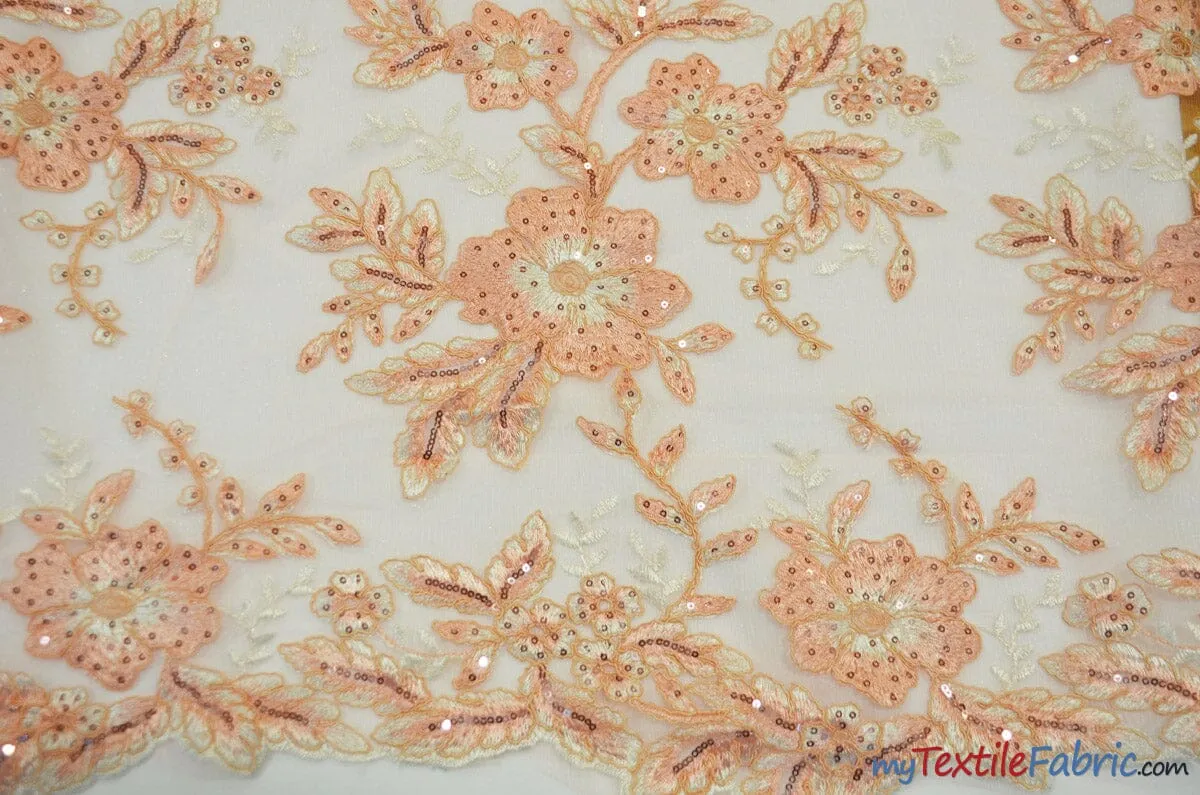 Edith Embroidery Fabric | Bridal Lace Design with Sequins | 52" Wide | Multiple Colors |