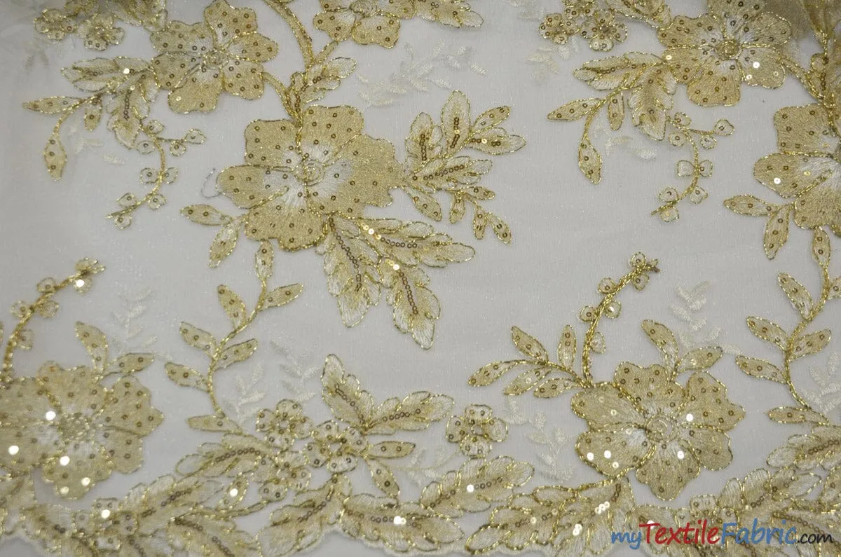 Edith Embroidery Fabric | Bridal Lace Design with Sequins | 52" Wide | Multiple Colors |