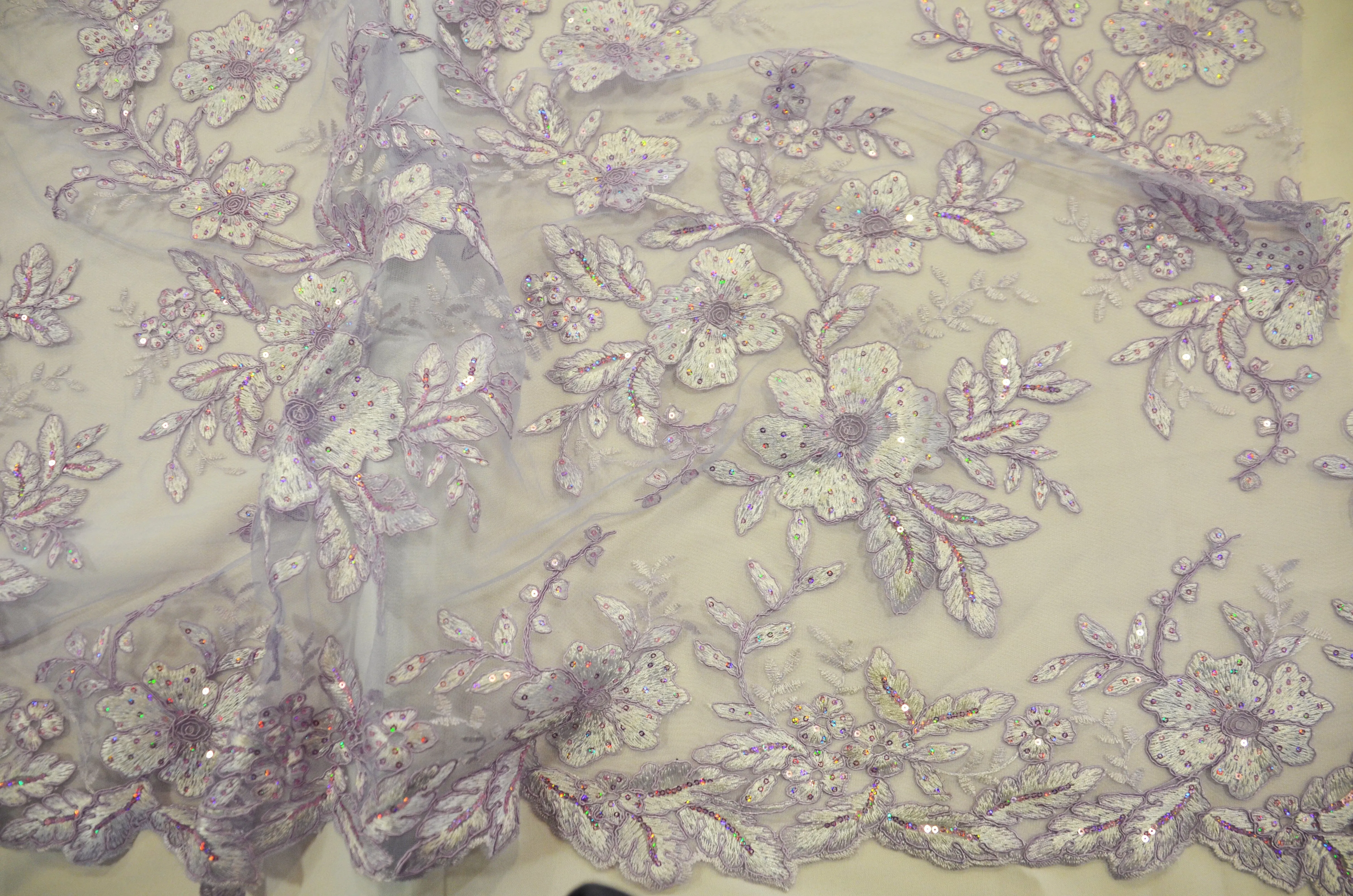 Edith Embroidery Fabric | Bridal Lace Design with Sequins | 52" Wide | Multiple Colors |