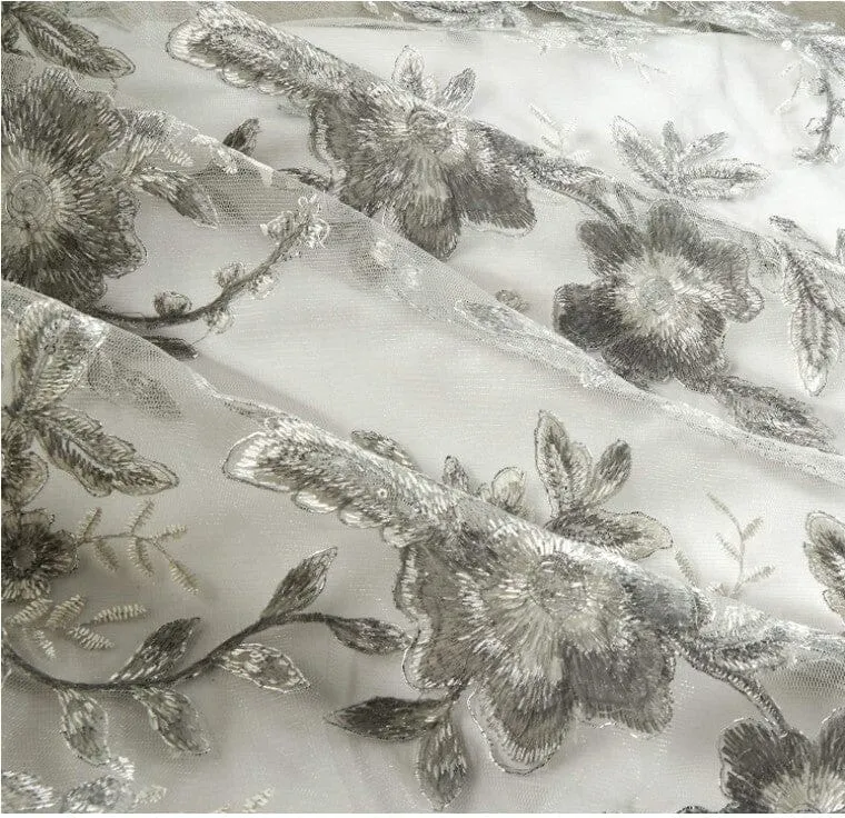 Edith Embroidery Fabric | Bridal Lace Design with Sequins | 52" Wide | Multiple Colors |