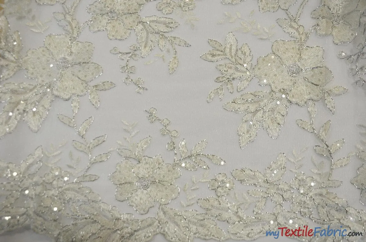 Edith Embroidery Fabric | Bridal Lace Design with Sequins | 52" Wide | Multiple Colors |
