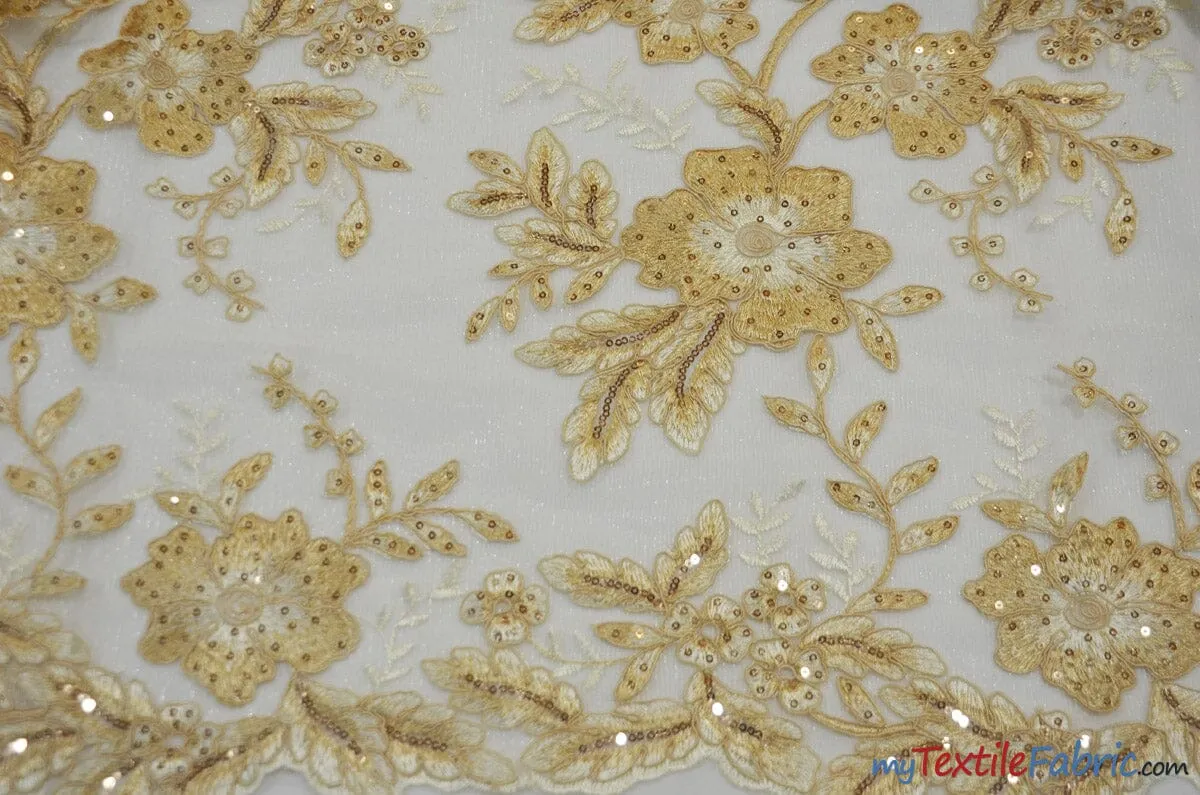 Edith Embroidery Fabric | Bridal Lace Design with Sequins | 52" Wide | Multiple Colors |