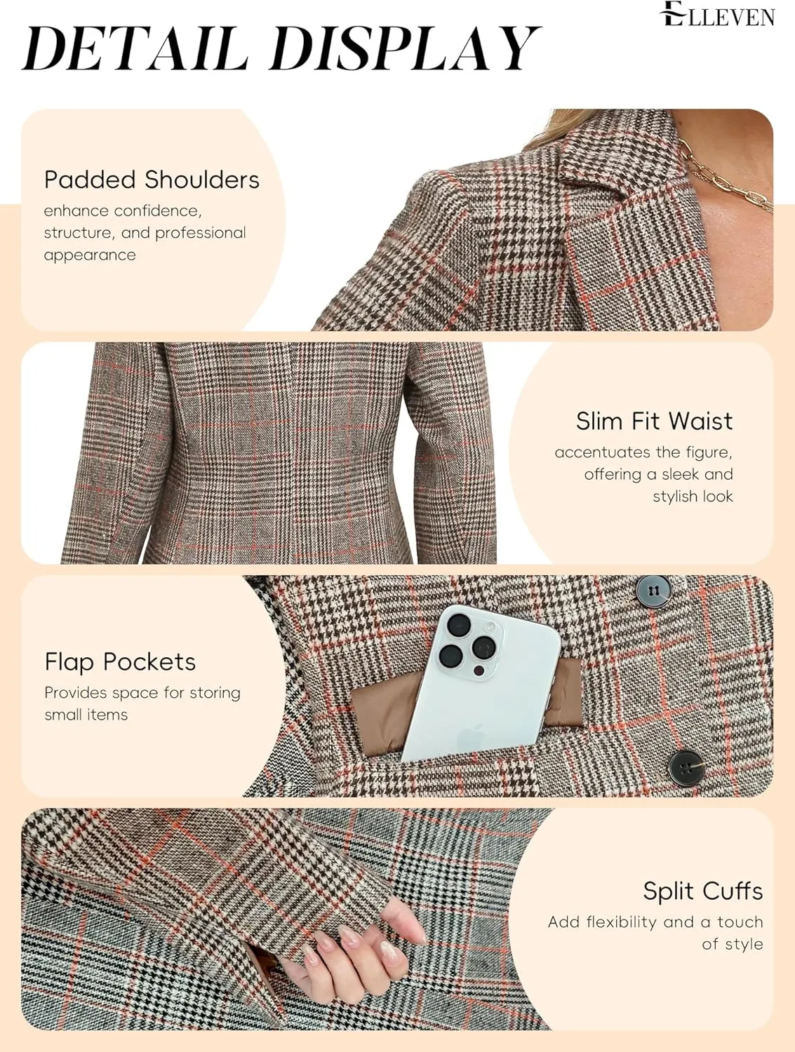 ELLEVEN Women's Lapel Collar Plaid 2 Button Boyfriend Blazer Suit Houndstooth Work Office Blazer Jacket