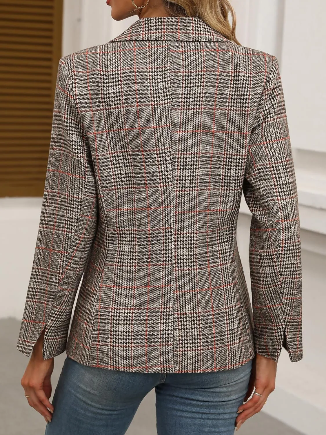 ELLEVEN Women's Lapel Collar Plaid 2 Button Boyfriend Blazer Suit Houndstooth Work Office Blazer Jacket