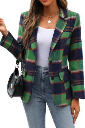 ELLEVEN Women's Lapel Collar Plaid 2 Button Boyfriend Blazer Suit Houndstooth Work Office Blazer Jacket