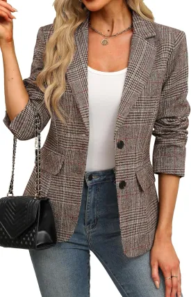 ELLEVEN Women's Lapel Collar Plaid 2 Button Boyfriend Blazer Suit Houndstooth Work Office Blazer Jacket