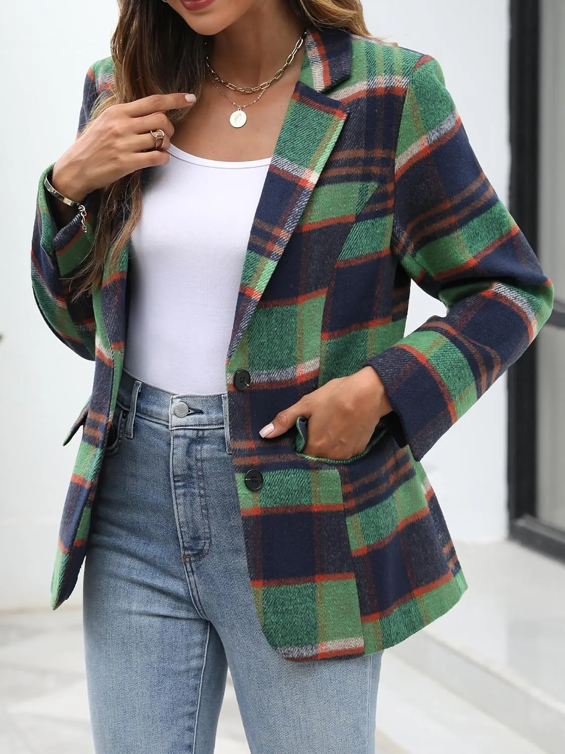 ELLEVEN Women's Lapel Collar Plaid 2 Button Boyfriend Blazer Suit Houndstooth Work Office Blazer Jacket
