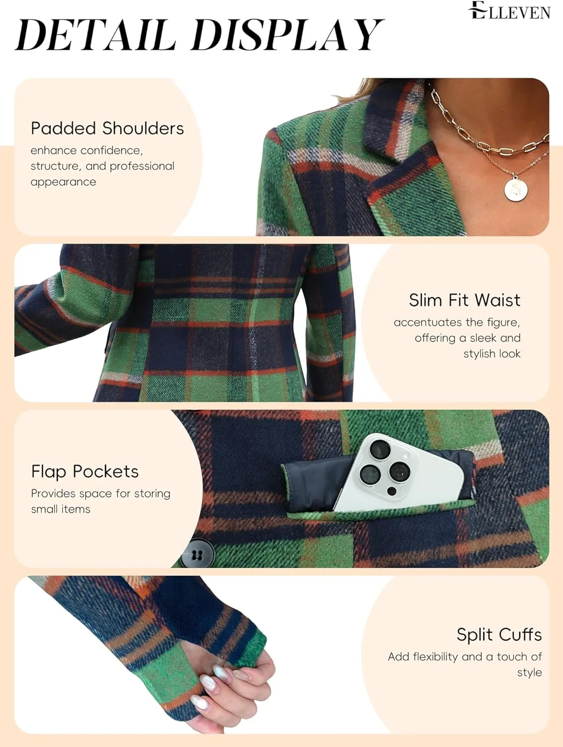 ELLEVEN Women's Lapel Collar Plaid 2 Button Boyfriend Blazer Suit Houndstooth Work Office Blazer Jacket