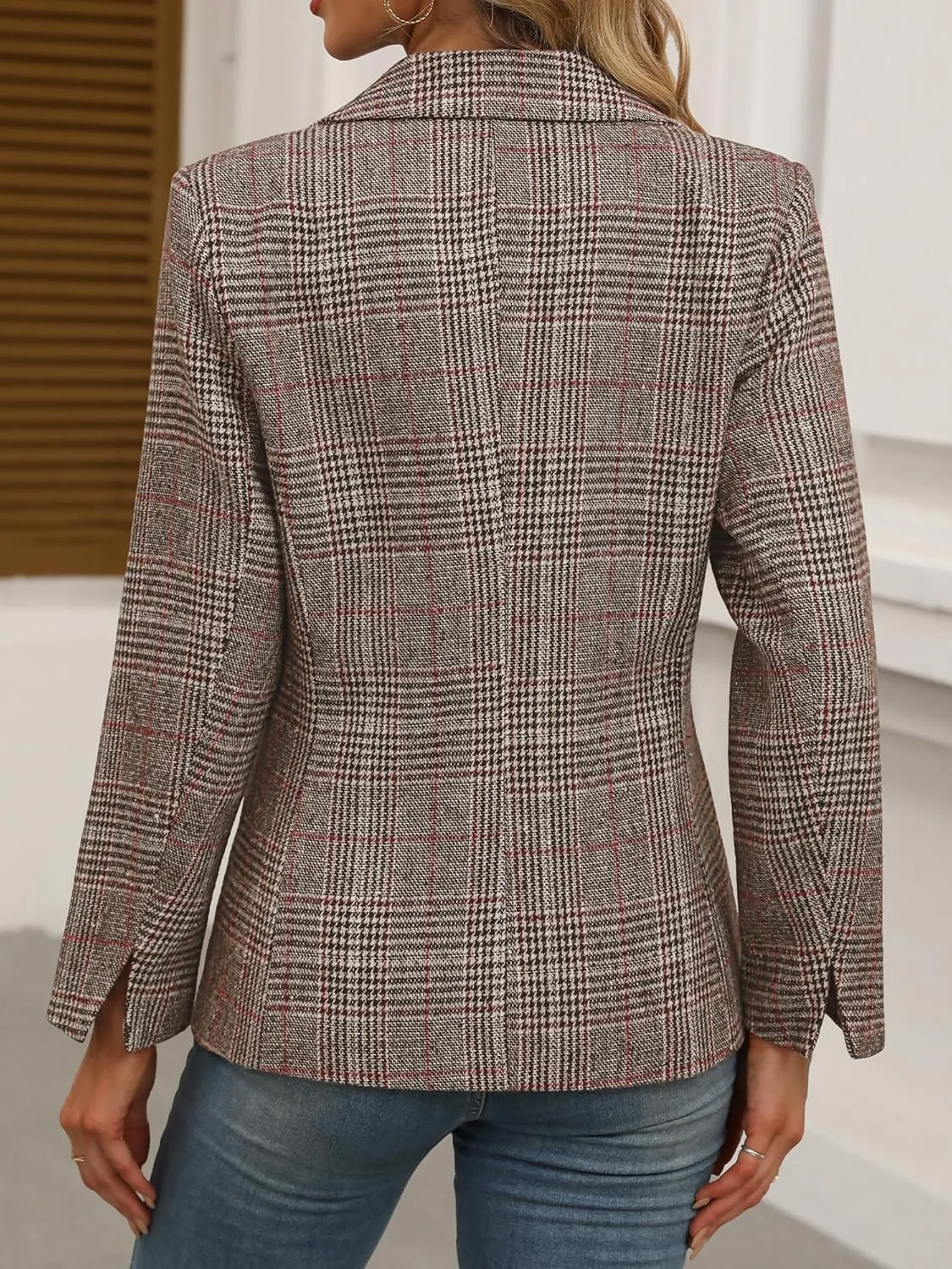 ELLEVEN Women's Lapel Collar Plaid 2 Button Boyfriend Blazer Suit Houndstooth Work Office Blazer Jacket