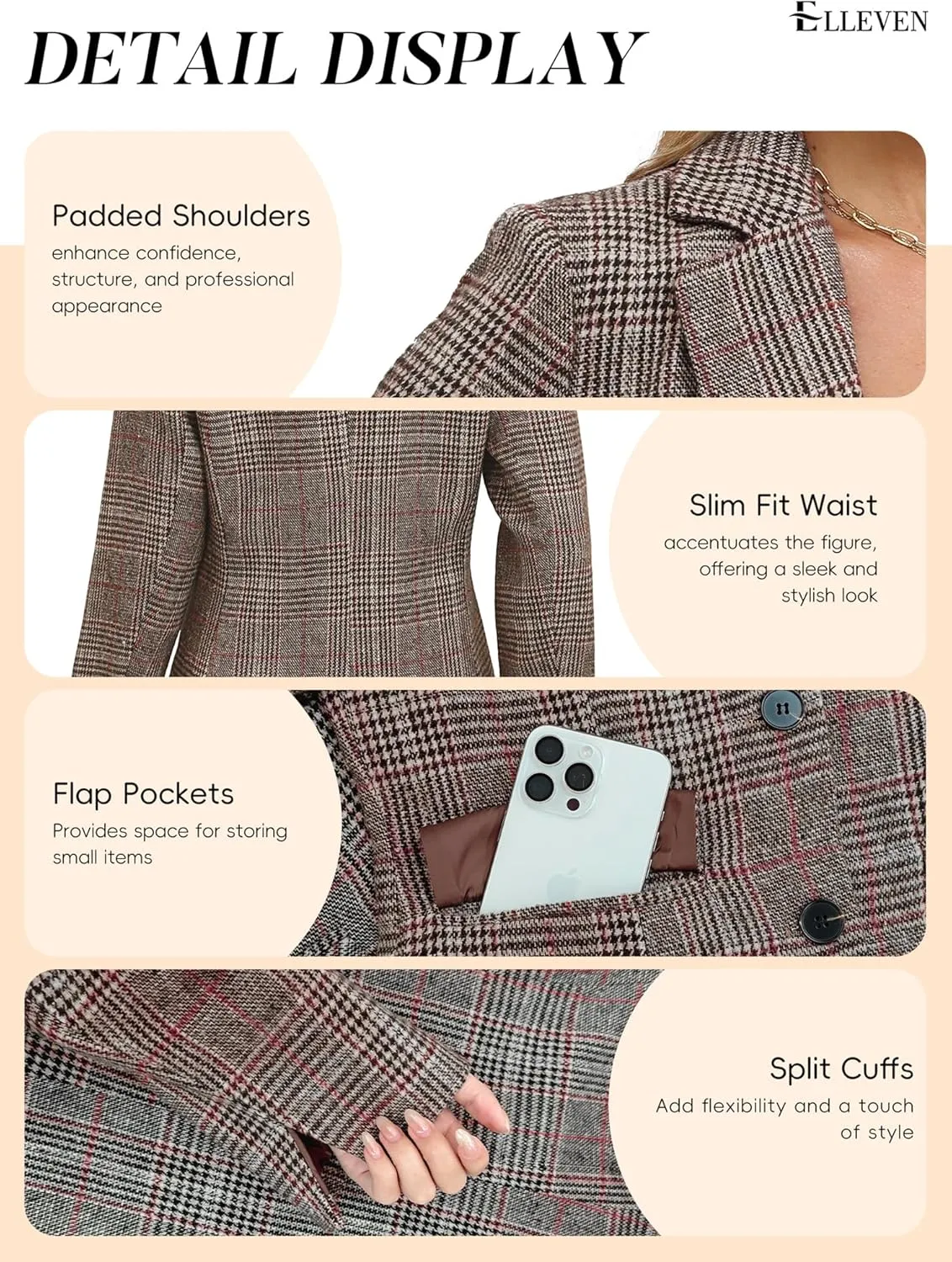 ELLEVEN Women's Lapel Collar Plaid 2 Button Boyfriend Blazer Suit Houndstooth Work Office Blazer Jacket