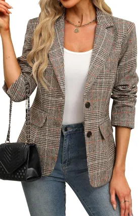 ELLEVEN Women's Lapel Collar Plaid 2 Button Boyfriend Blazer Suit Houndstooth Work Office Blazer Jacket