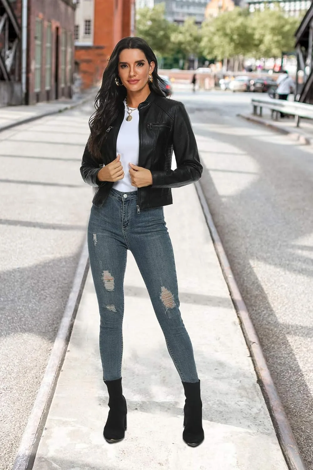 Fahsyee Black Faux Leather Jackets for Women Motorcycle PU Moto Biker Outwear Coat