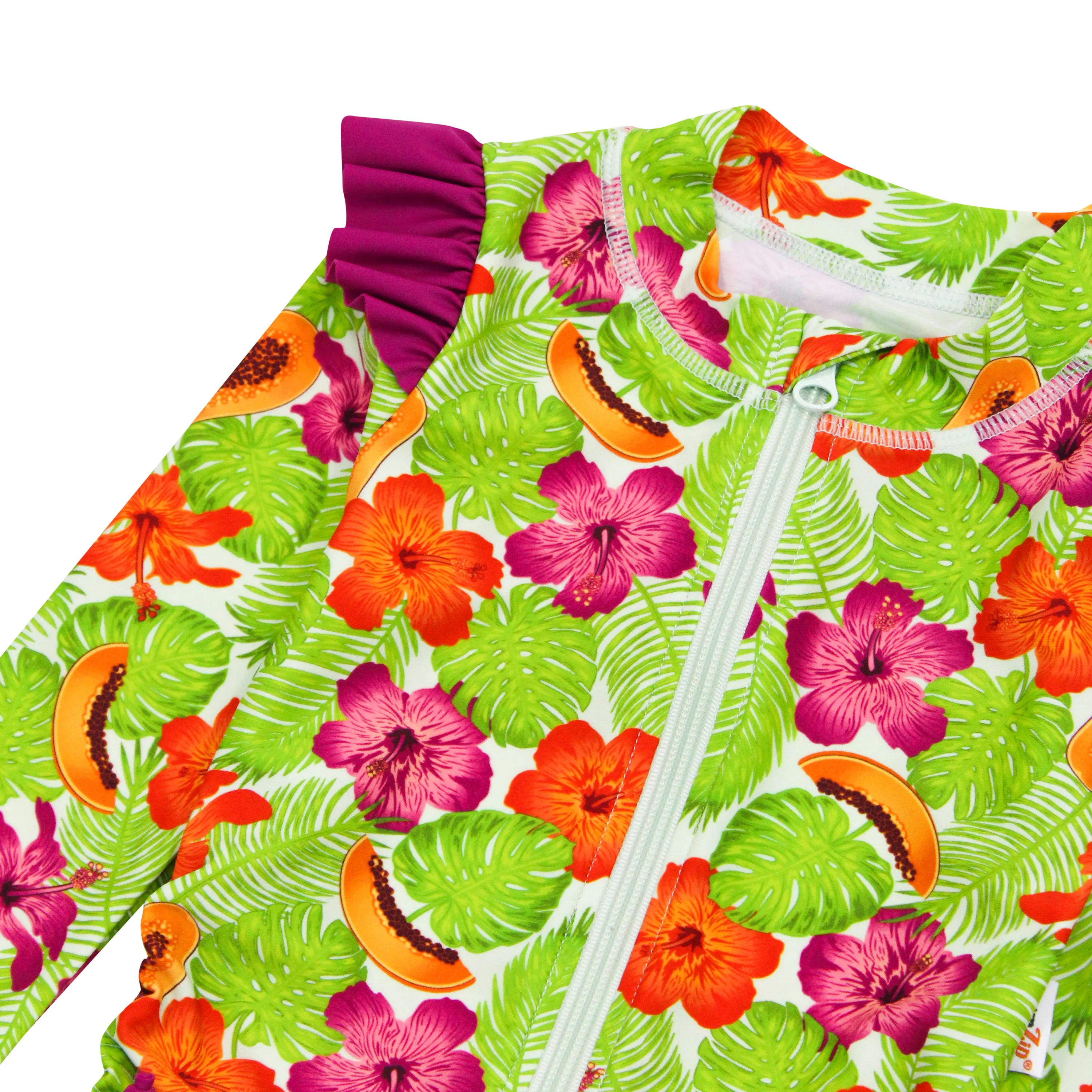 Girls Long Sleeve Rash Guard Ruffle Bottom Swimsuit Set (2 Piece) | "Hibiscus"