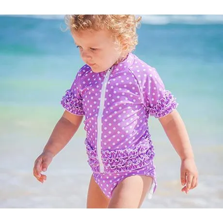 Girls Short Sleeve Rash Guard Swimsuit Set (2 Piece) - "Sassy Surfer" Purple Violet