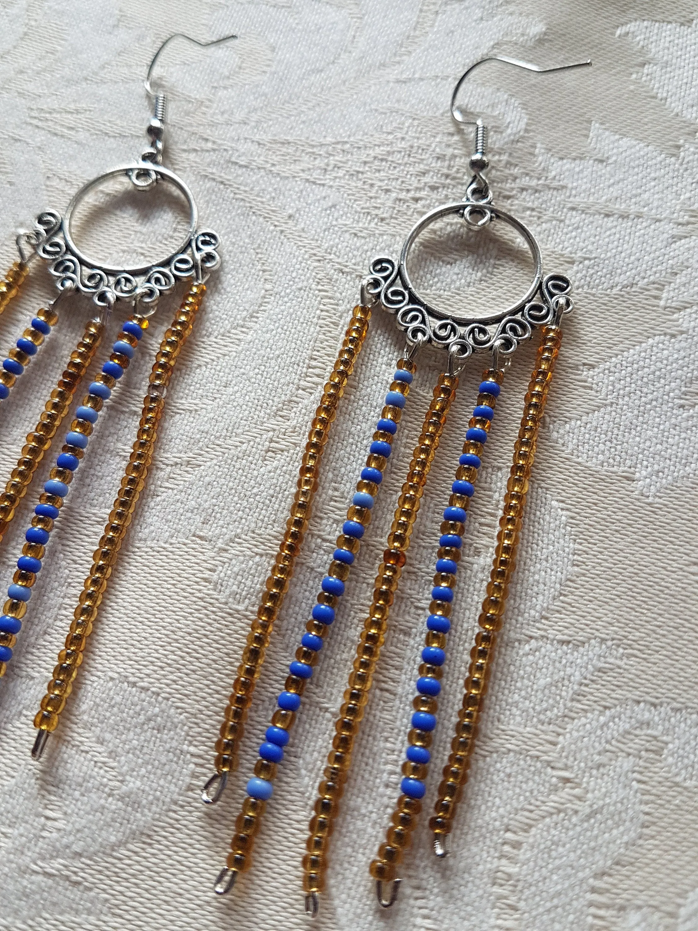 Gold Blue Silver Art Deco Earrings