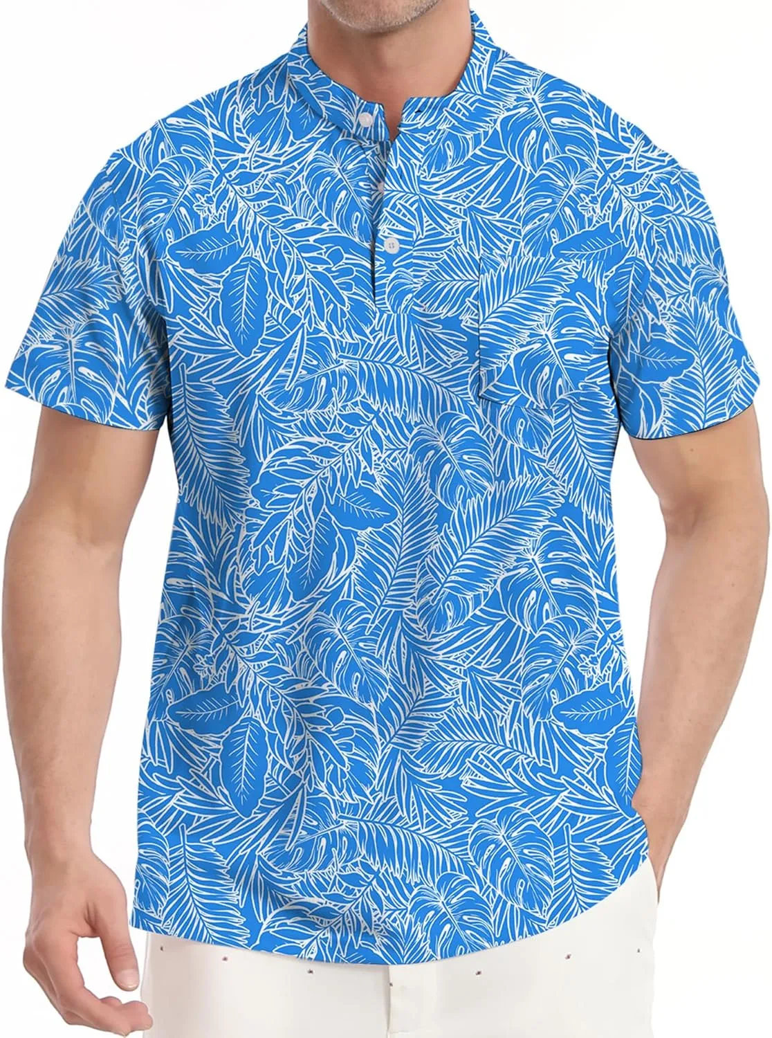 Golf Shirts for Men Printed Henley Shirts Collarless Golf Polo Shirt Short Sleeve with Pocket