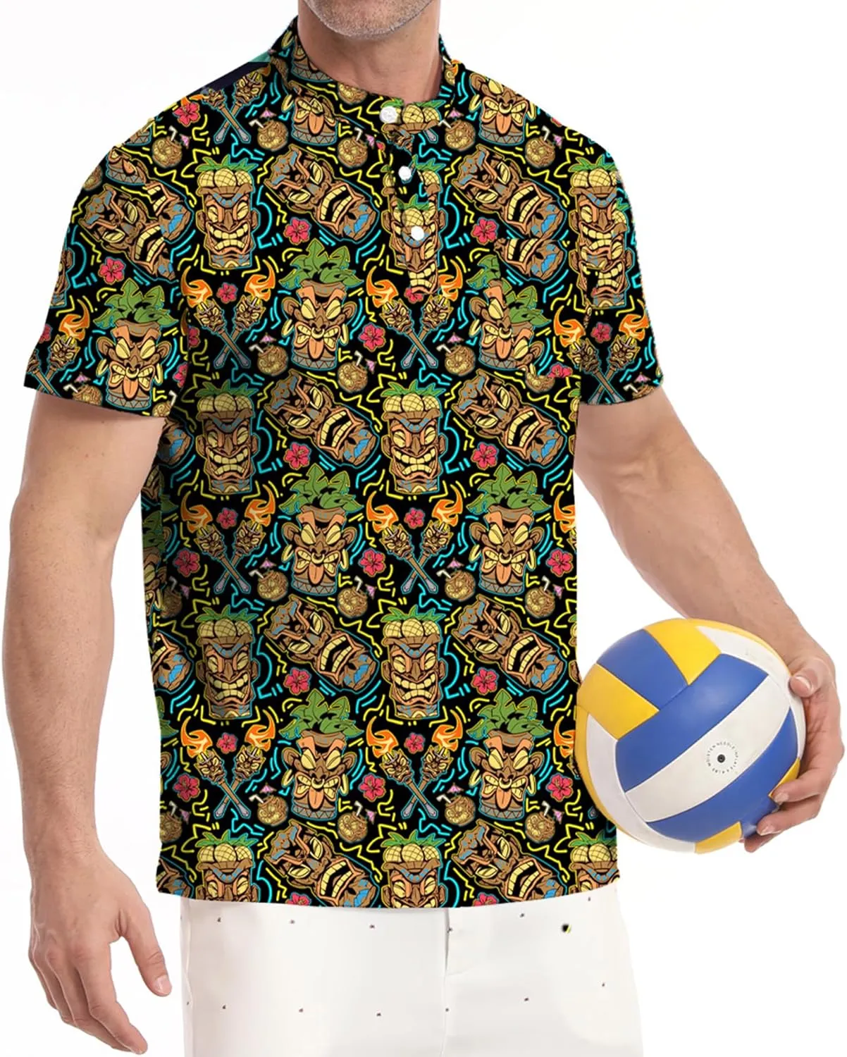 Golf Shirts for Men Printed Henley Shirts Collarless Golf Polo Shirt Short Sleeve with Pocket