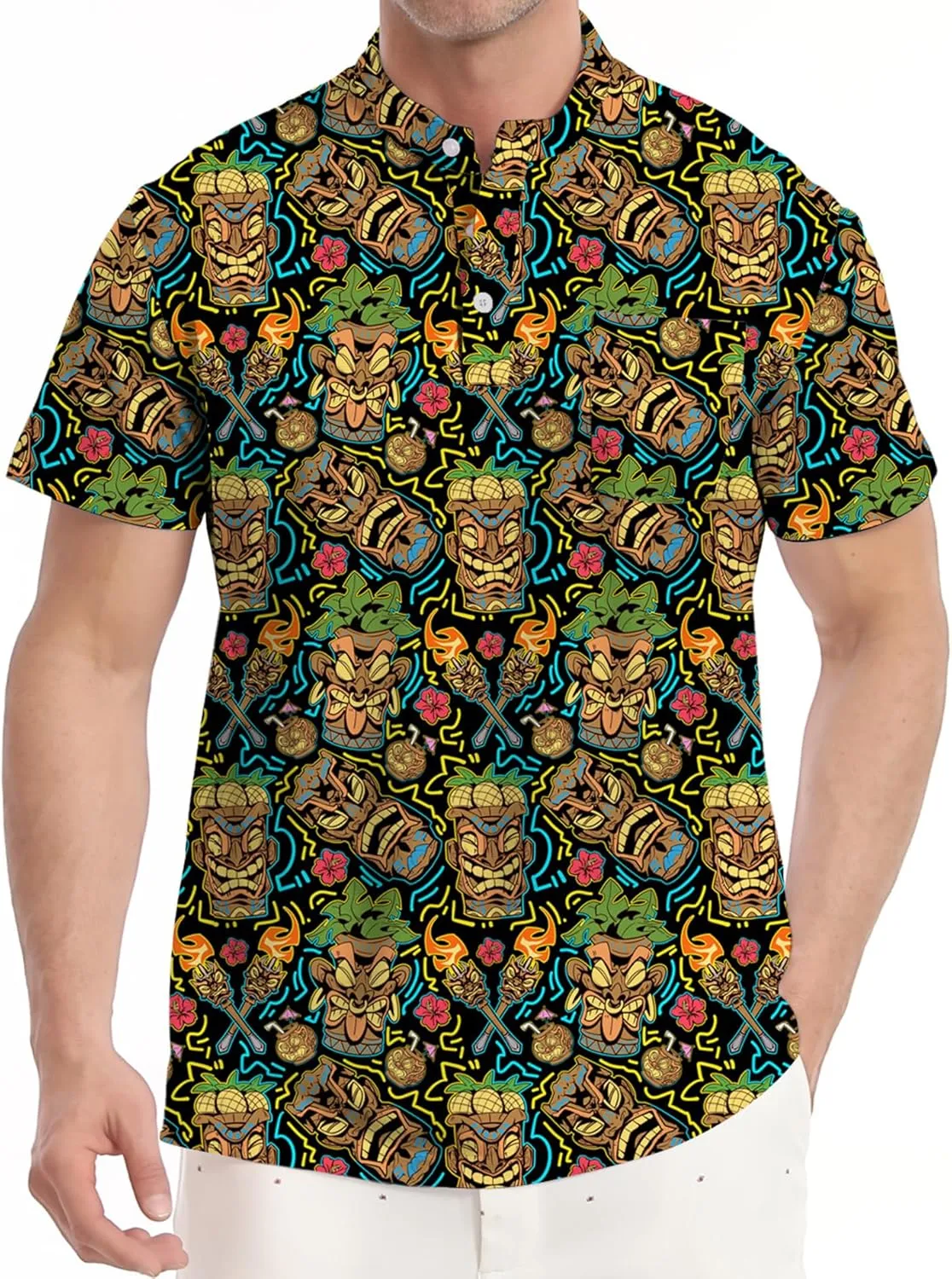 Golf Shirts for Men Printed Henley Shirts Collarless Golf Polo Shirt Short Sleeve with Pocket