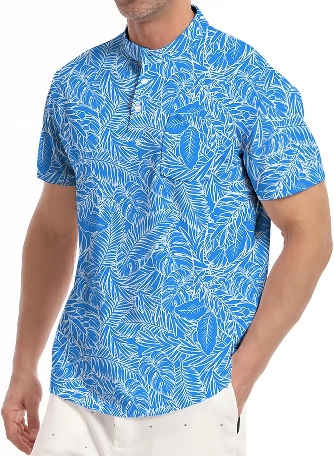 Golf Shirts for Men Printed Henley Shirts Collarless Golf Polo Shirt Short Sleeve with Pocket
