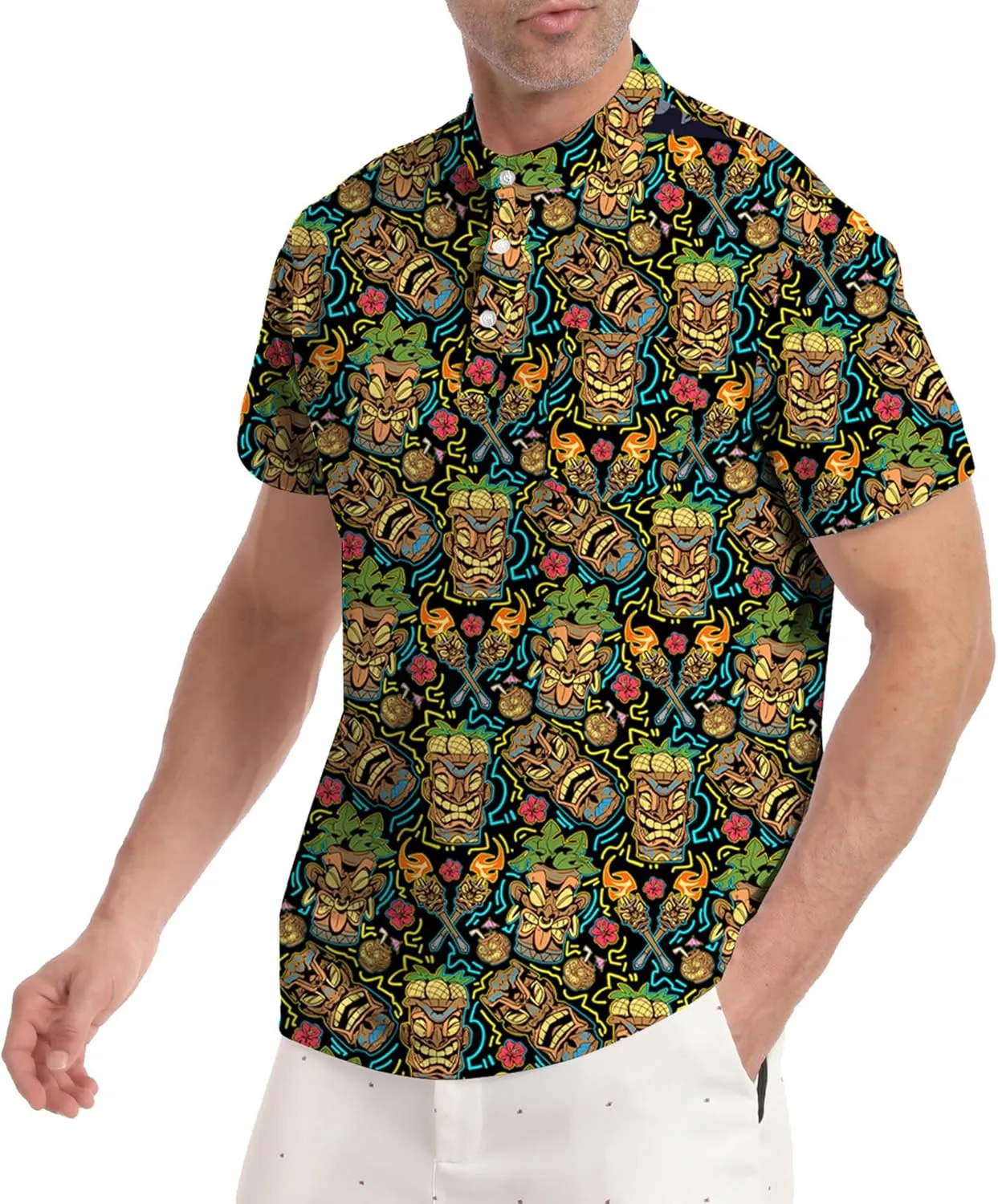 Golf Shirts for Men Printed Henley Shirts Collarless Golf Polo Shirt Short Sleeve with Pocket