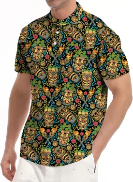 Golf Shirts for Men Printed Henley Shirts Collarless Golf Polo Shirt Short Sleeve with Pocket