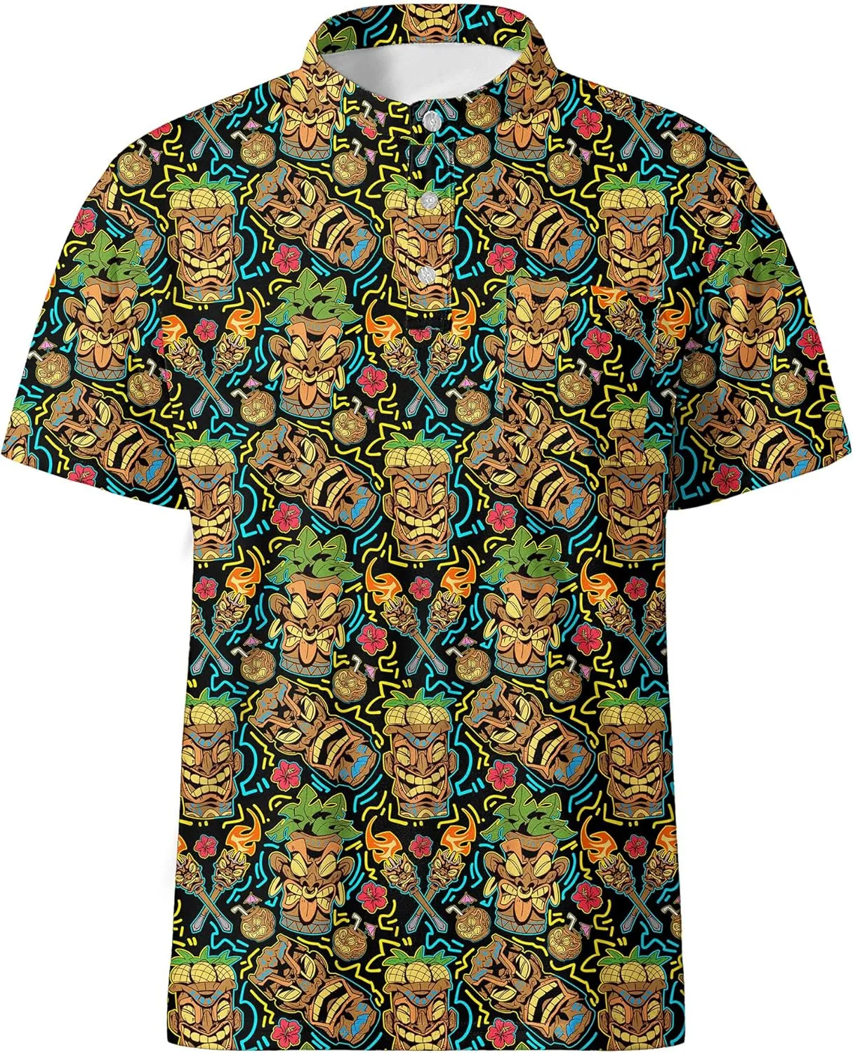 Golf Shirts for Men Printed Henley Shirts Collarless Golf Polo Shirt Short Sleeve with Pocket