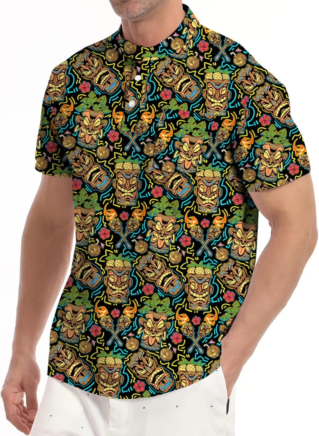 Golf Shirts for Men Printed Henley Shirts Collarless Golf Polo Shirt Short Sleeve with Pocket
