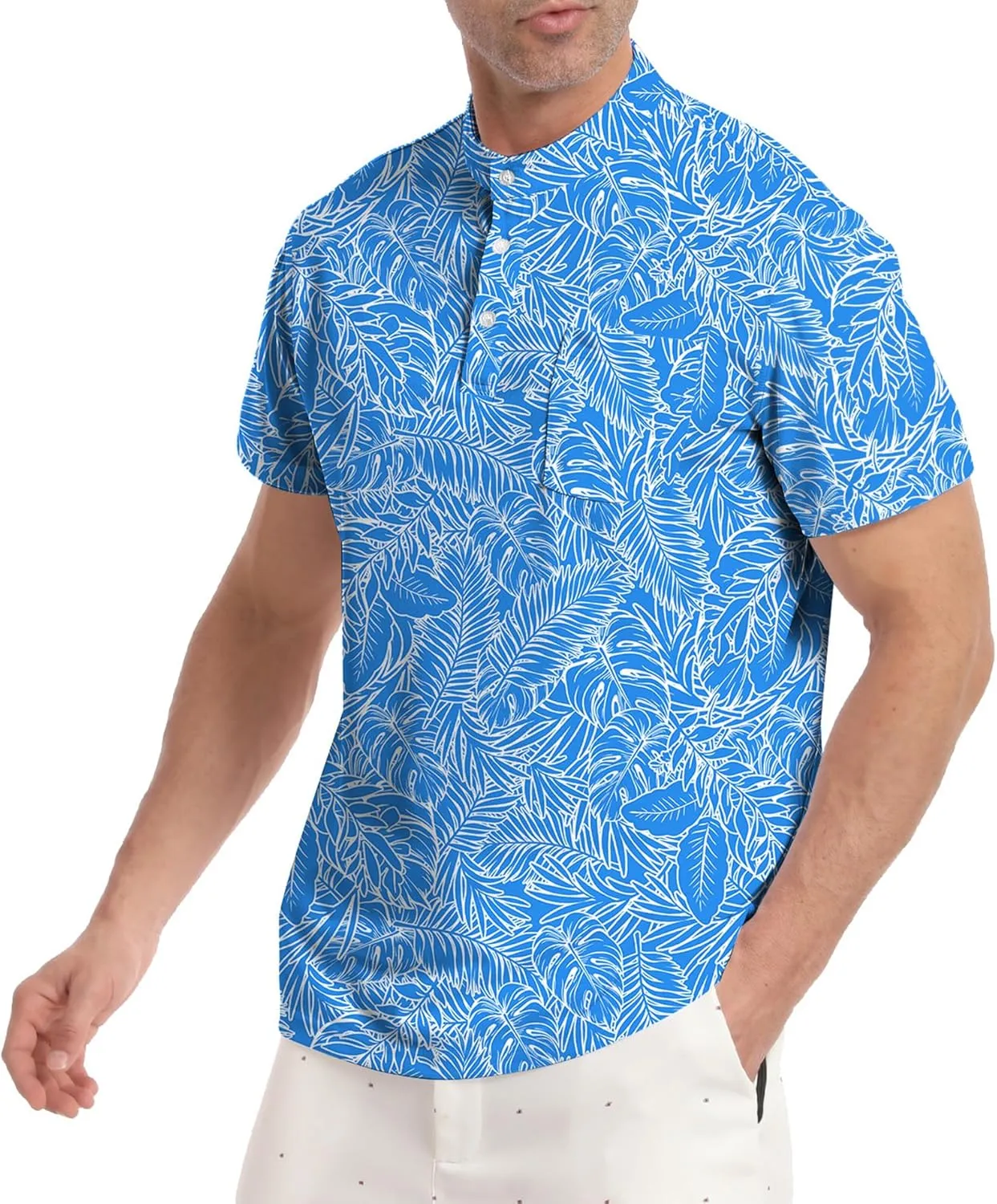 Golf Shirts for Men Printed Henley Shirts Collarless Golf Polo Shirt Short Sleeve with Pocket