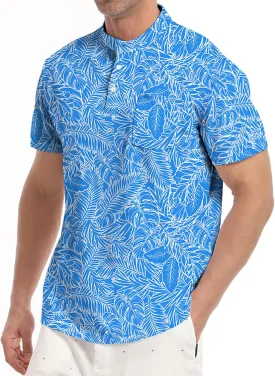 Golf Shirts for Men Printed Henley Shirts Collarless Golf Polo Shirt Short Sleeve with Pocket