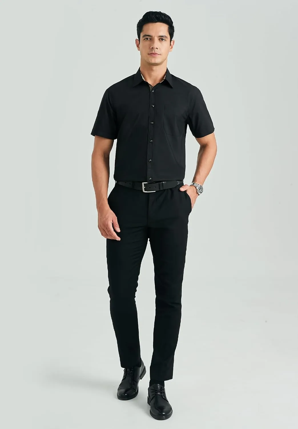 HISDERN Mens Dress Shirts Short Sleeve Regular Fit Casual Button Down Shirt Inner Contrast Business Formal Pocket Shirt