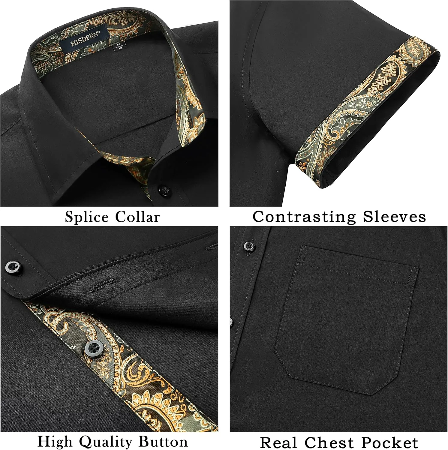 HISDERN Mens Dress Shirts Short Sleeve Regular Fit Casual Button Down Shirt Inner Contrast Business Formal Pocket Shirt