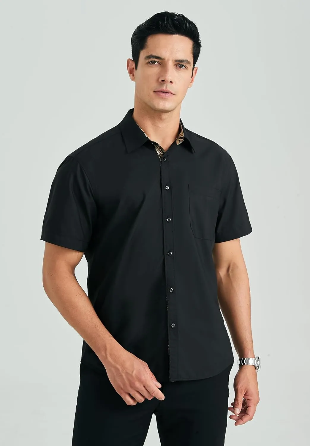 HISDERN Mens Dress Shirts Short Sleeve Regular Fit Casual Button Down Shirt Inner Contrast Business Formal Pocket Shirt