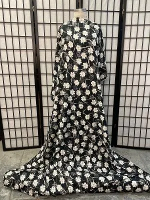 Italian Floral Plaid Print Burnout Silk & Cotton - Black/Navy/White/Silver
