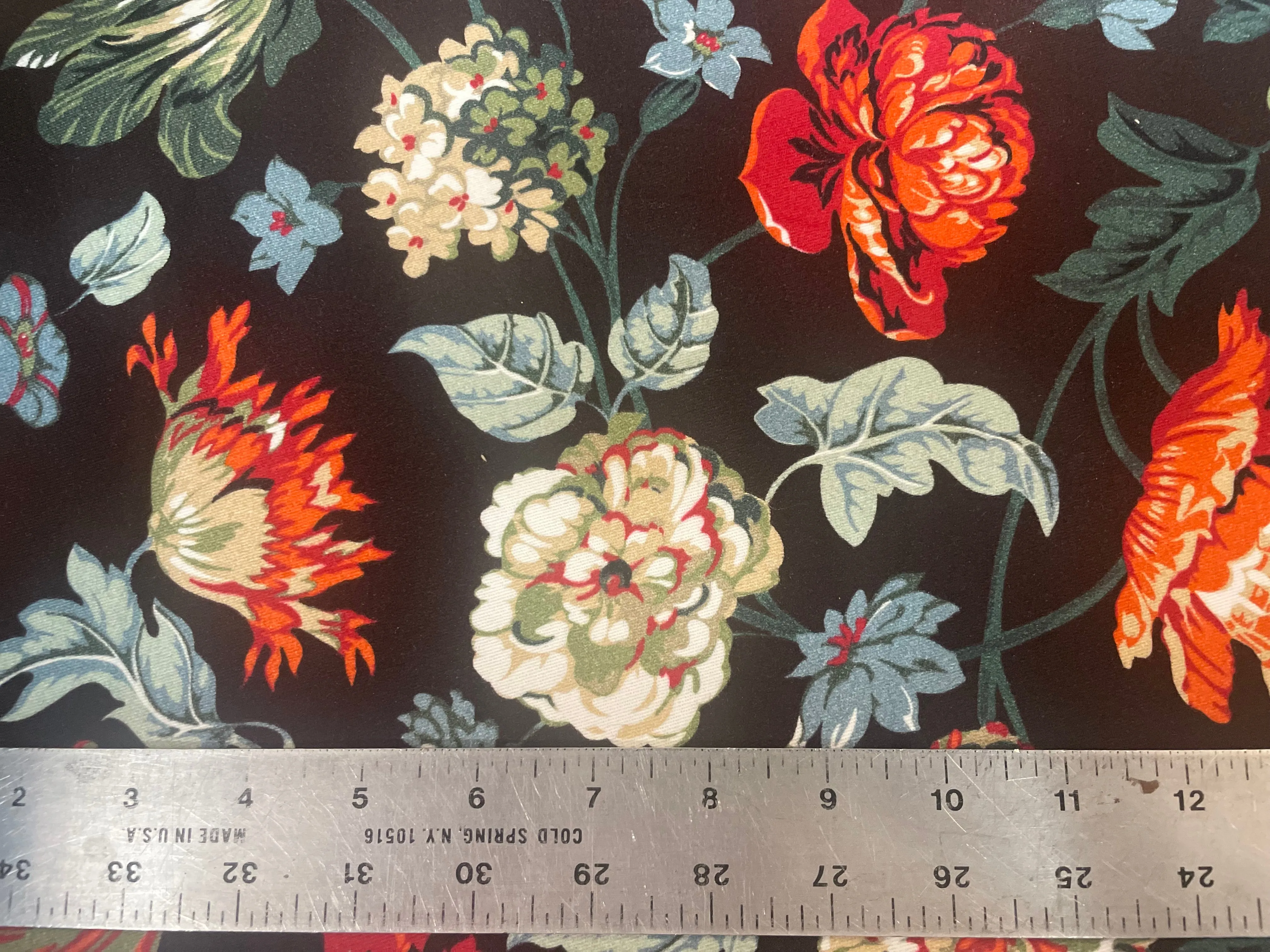 Italian Stretch Cotton Twill Opulent Floral - Chocolate Brown & Multicolor