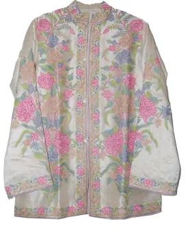 Kashmiri Silk Jacket White, Multicolor Pastel Embroidery #AO-018