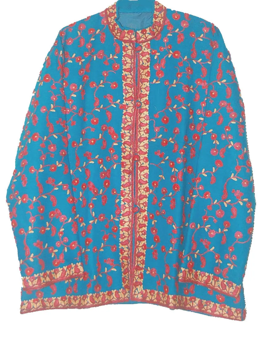 Kashmiri Woolen Jacket Sky Blue, Multicolor Embroidery #AO-022