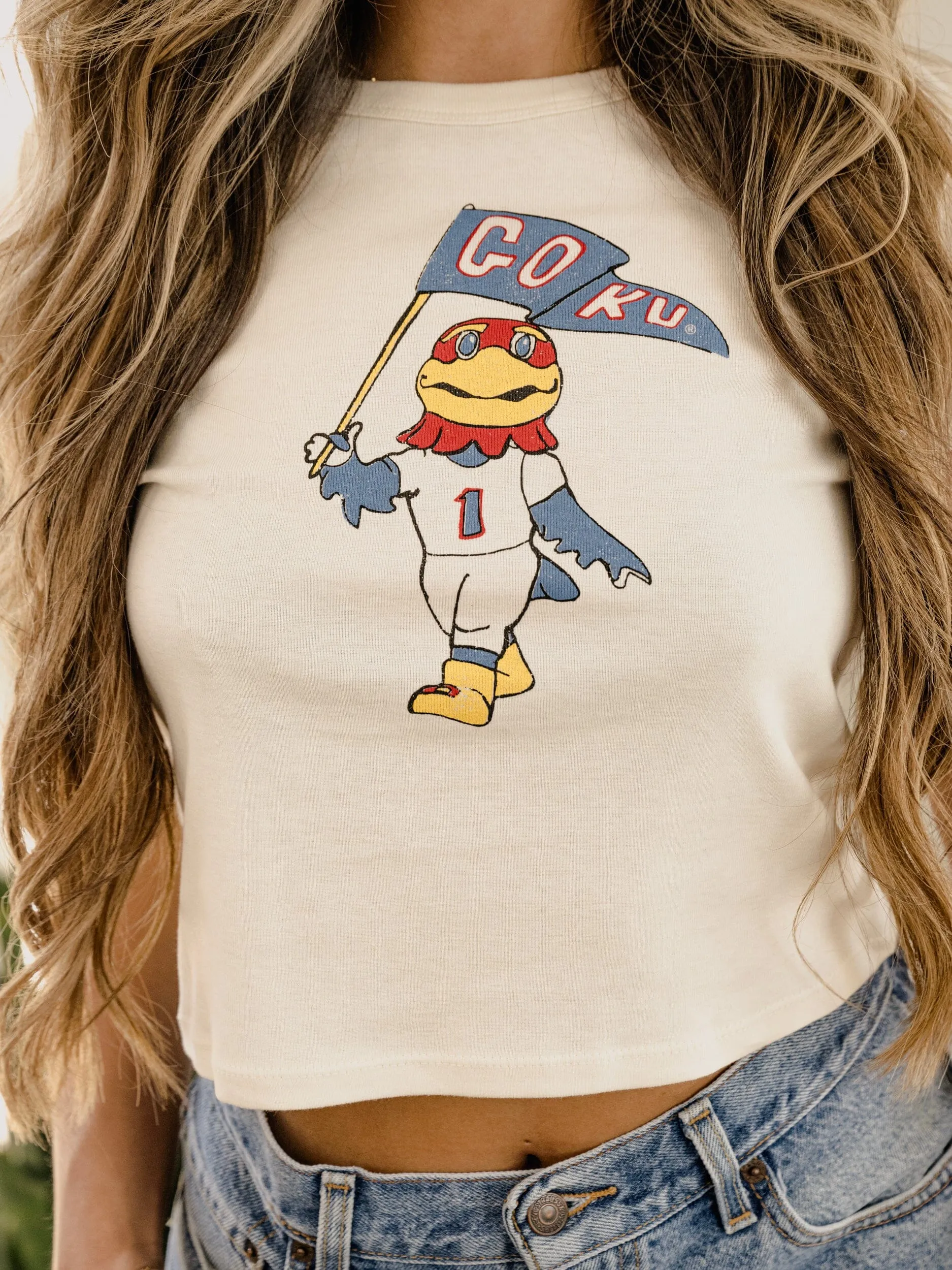 KU Jayhawks Mascot Flag Off White Micro Cropped Tee