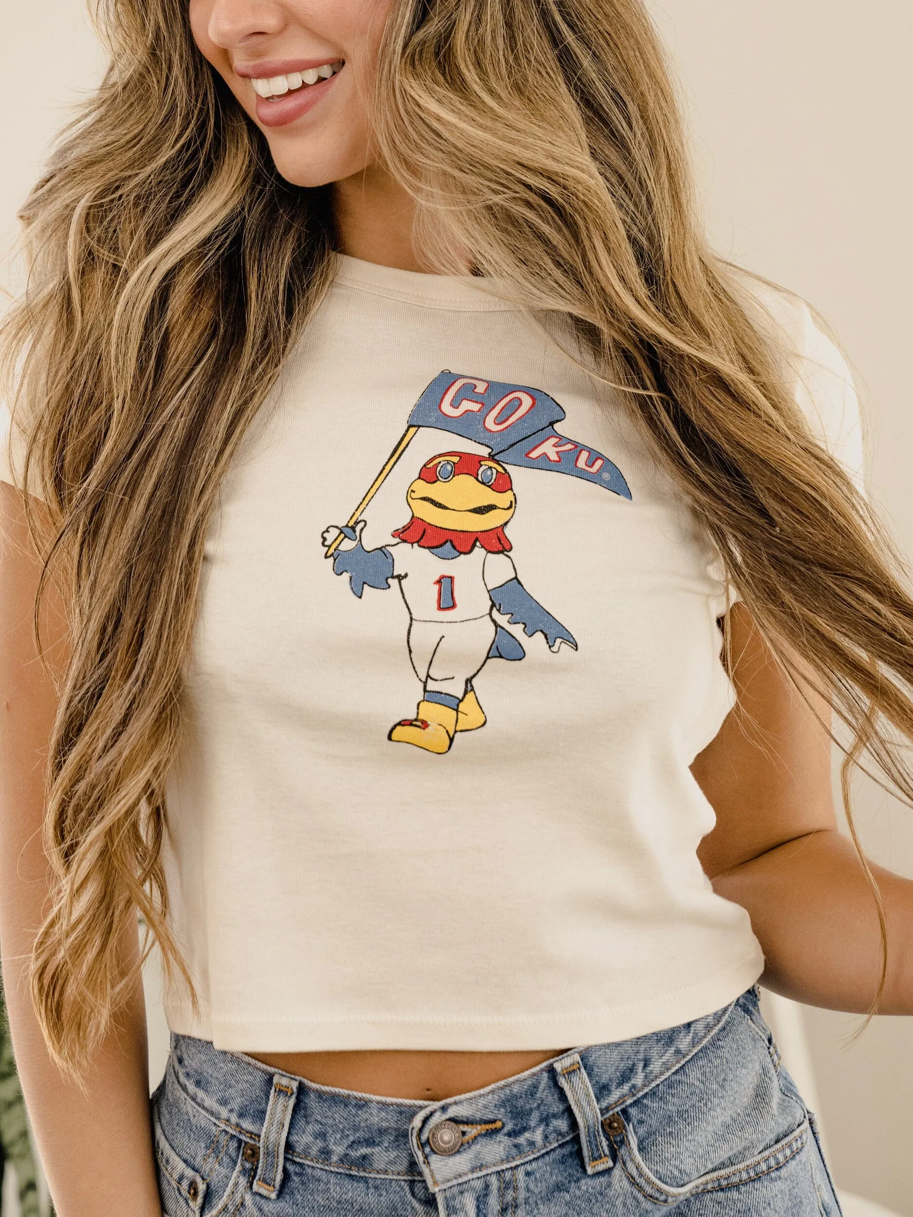KU Jayhawks Mascot Flag Off White Micro Cropped Tee