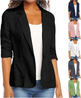 Linen Blazer Women Summer Lightweight 3/4 Sleeve Jacket Dressy Open Front Cardigan Business Casual Work Outfits