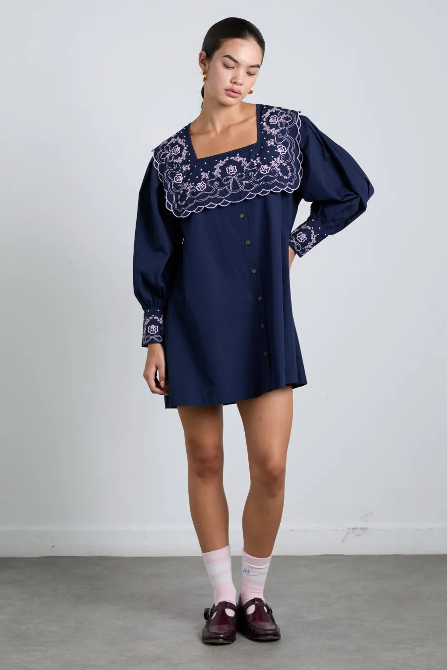 mala embroidered mini dress- navy